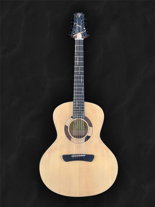Guitare acoustique jumbo 12 cordes en bois clair épicéa du Jura, érable, ébène et incrustation géométrique